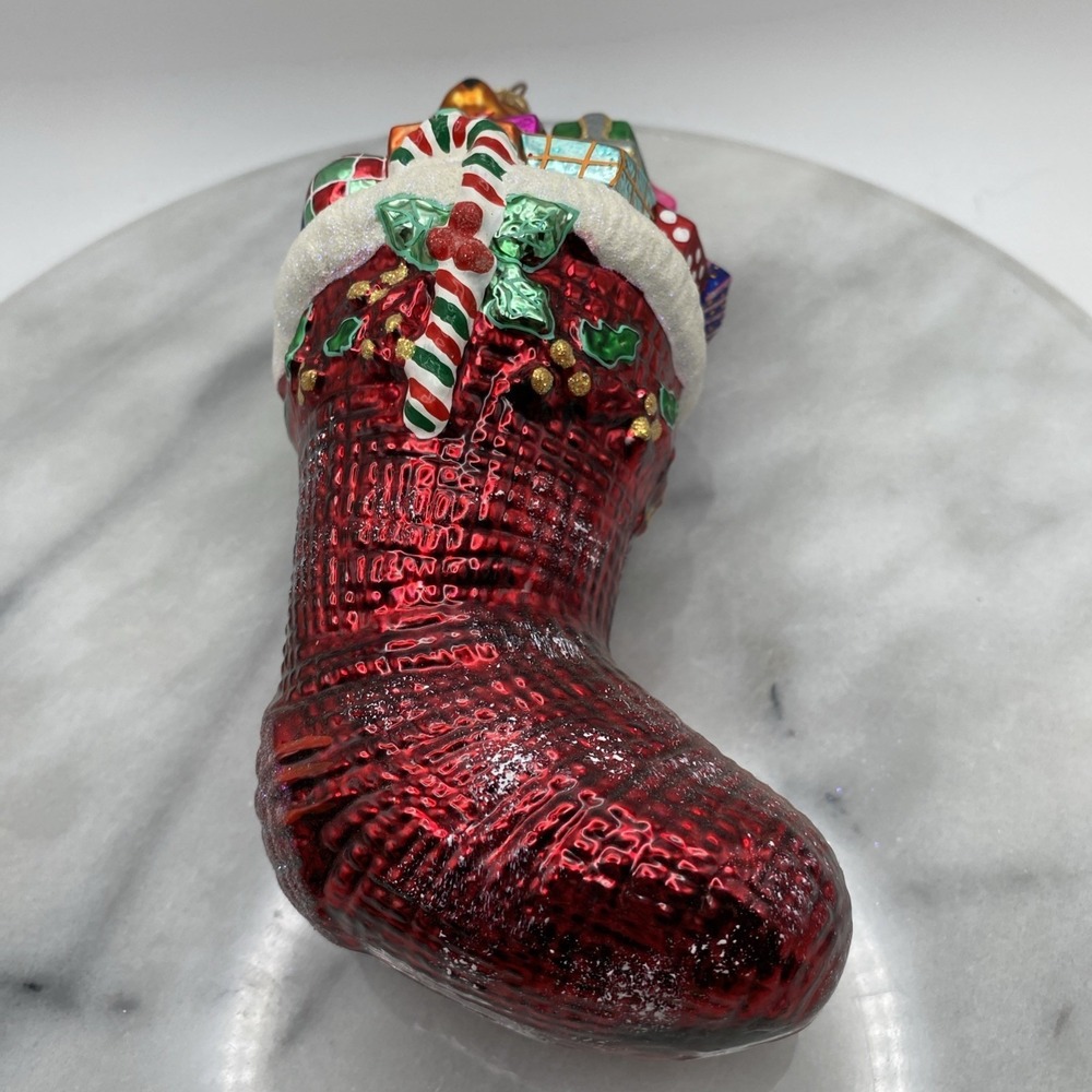 Radko Christmas Stocking Glass Ornament Red Teddy Bear Horn Gifts - Picture 12 of 16